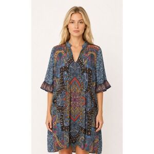 NIZA Spain Blue Paisley‎ Shift Dress Beaded Bohemian Ruffle Sleeve Tunic Size 10